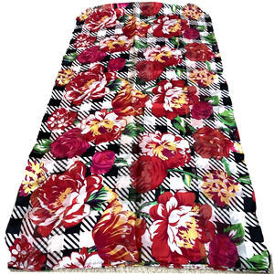 Silky scarf plaid burnout stripes mod red roses yellow green black & white wrap